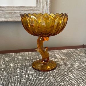 VINTAGE Indiana Glass Iridescent Amber Lotus Blossom Candy Dish.